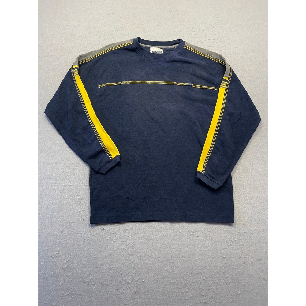 Point Zero Shirt Waffle Knit Navy Blue Yellow Stripe Large Mens